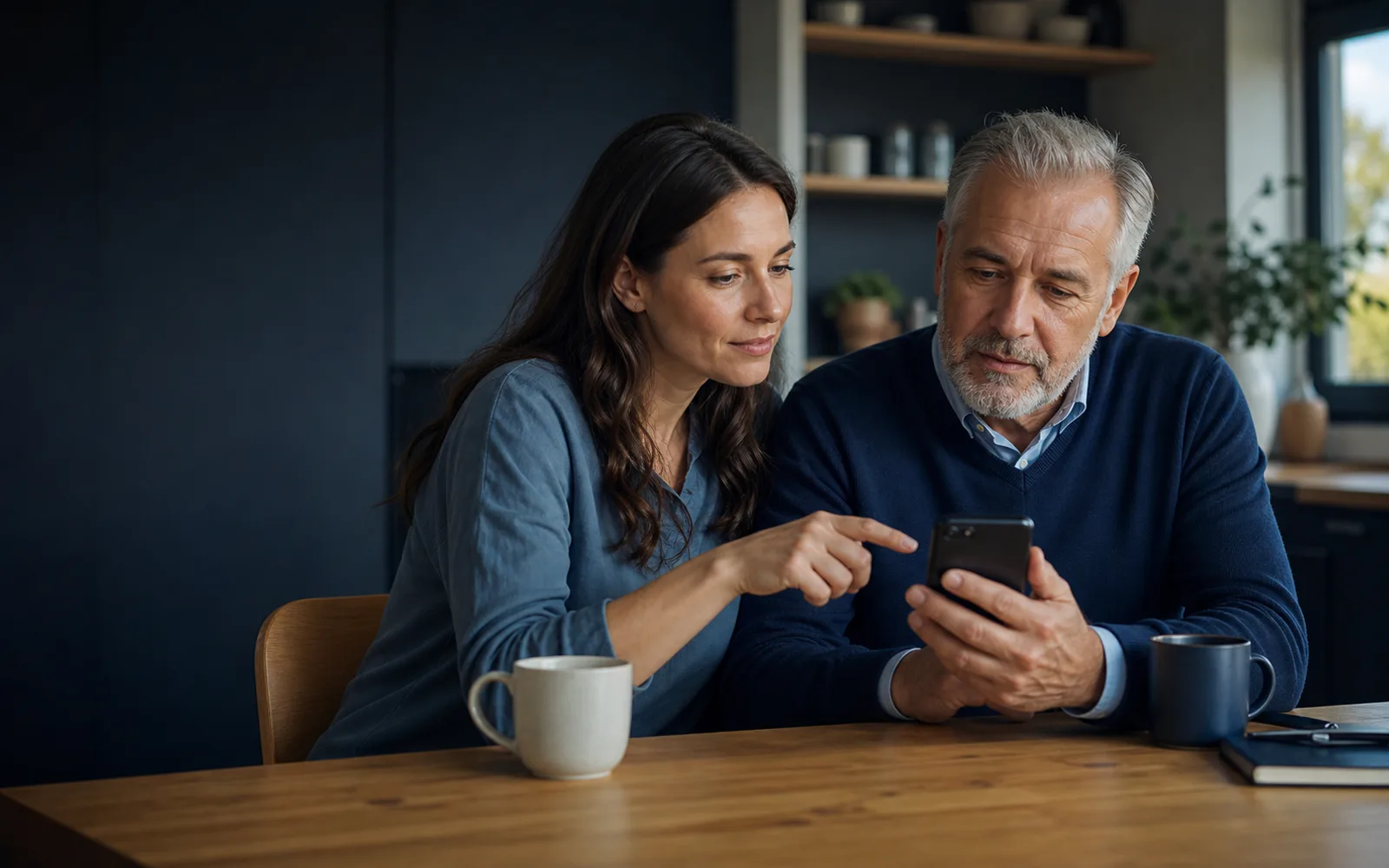 Illustration of an adult daughter and older parent reviewing a suspicious message together